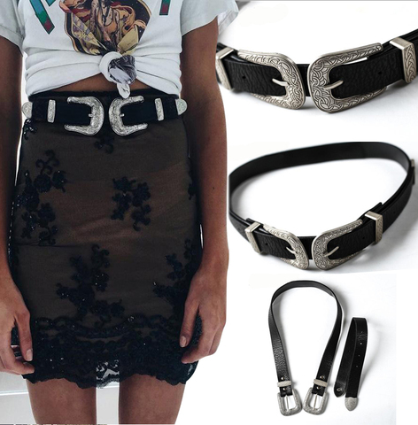 Women Vintage Boho Metal Leather Double Buckle Waist Belt Metal Leather Punk Double Buckle Waist Belt ► Photo 1/6