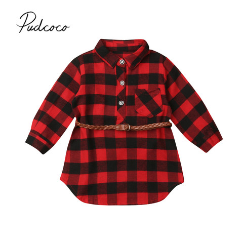 2022 Brand New Christmas Infant Kid Baby Girl Long Shirt Dress Tops Long Sleeve Red Plaid Straight Knee-Length Dress +Belt 0-5Y ► Photo 1/6