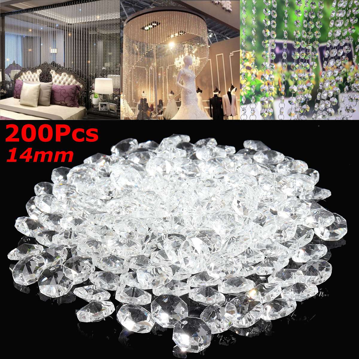 50PCS Chandelier Clear Glass Crystal Octagonal Lamp Prism Bead Drop Pendant 14mm 