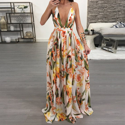 Women Dresses Summer Sexy Maxi Boho Style Print Party Dress Deep V Neck Backless Long Dress Vestidos ► Photo 1/6