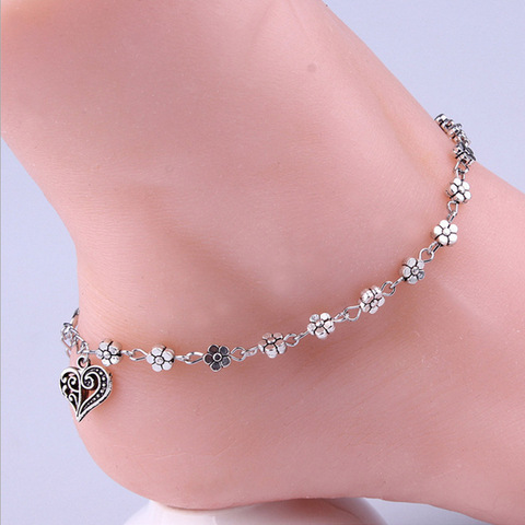 New Fashion Foot Chain Tibetan Silver Hollow Plum Daisy Flowers Heart-Shaped Anklet For Women ► Photo 1/6