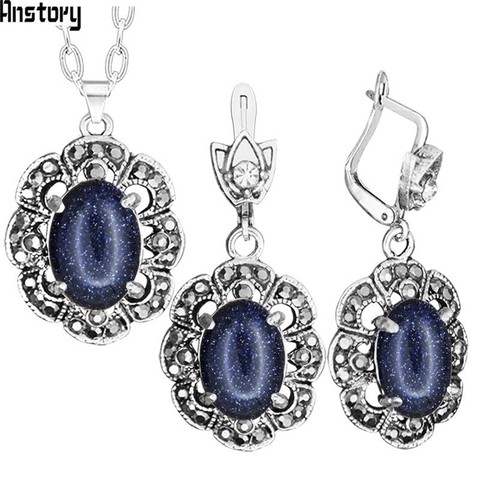 Vintage Sequins Stone Jewelry Sets Rhinestone Antique Silver Plated Fashion Women Flower Set TS402 ► Photo 1/6