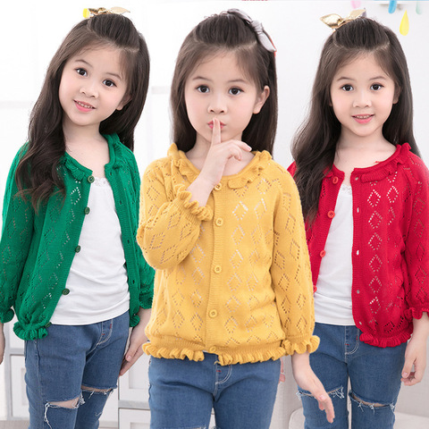 Spring Autumn Girls Hollow Out Ruffles Ruched Cardigan Sweater 4 Colors Baby Girls Preppy Style Thin Knitted Sweaters 2-14T ► Photo 1/6