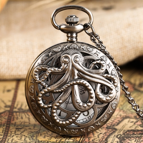 3 Types Retro Octopus Hollow Cover Quartz Pocket Watch Bronze Necklace Pendant Handmade Clock Souvenir Gifts for Men Women reloj ► Photo 1/6