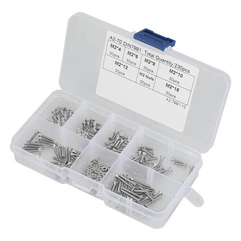 230Pcs M2*4/6/8/10/12/16mm Stainless Steel Flat Countersunk Head Bolt Screws Nuts With Box Assortment Kit Hex Socket Screw Bolt ► Photo 1/6