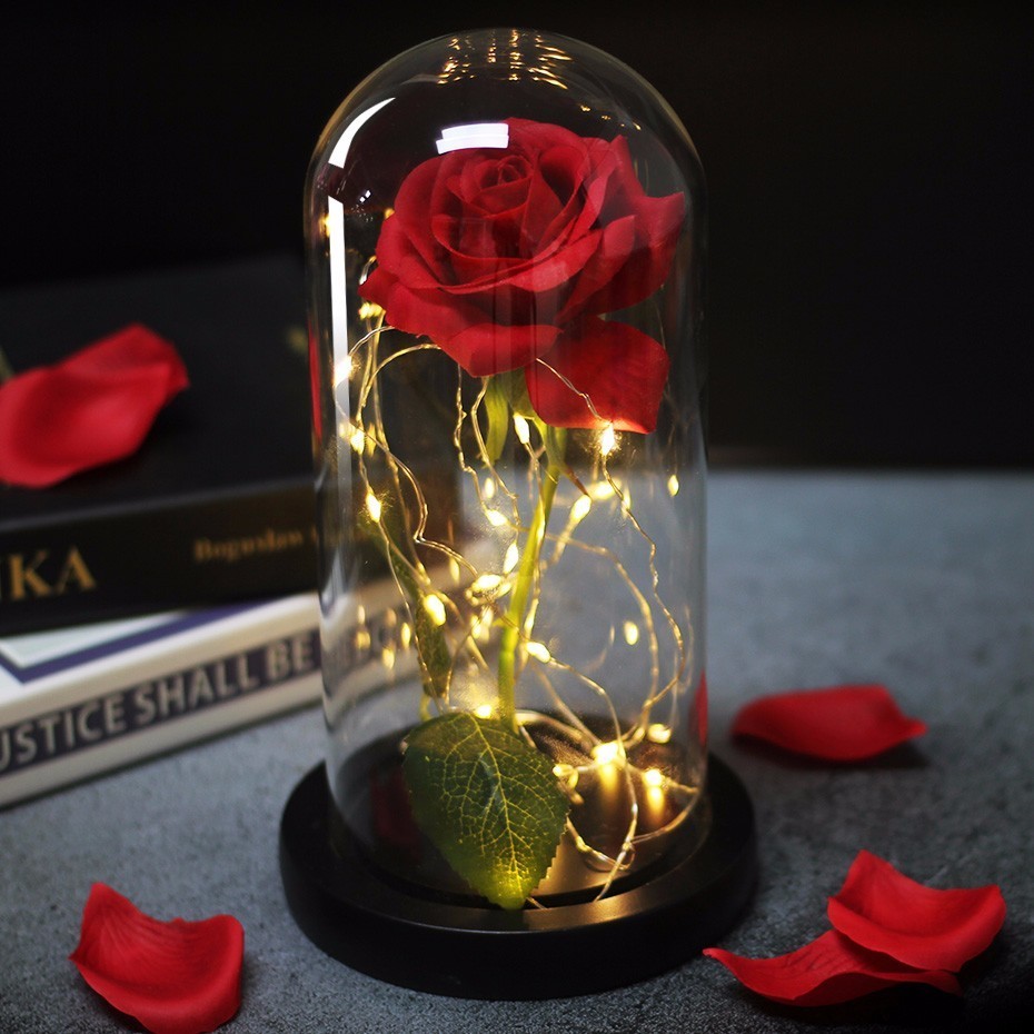 Red Rose In A Glass Dome Beauty And The Beast Valentine Gift Rose Lamp LED Decor 