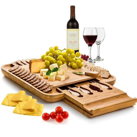 Bamboo Cheese Board with Cutlery Wood Charcuterie Platter Serving Meat Board with Slide-Out Drawer with 4 knife A9269 ► Photo 1/6