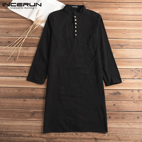 INCERUN Casual Shirt Dress  Long Sleeve Cotton Solid Men Long Shirt Vintage Indian Kurta Suit Pakistani Muslim Clothes 5XL ► Photo 1/6