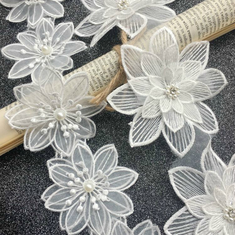 Luxury White Organza Tulle Lace Fabric 3D Beads Flowers Embroidery Ribbon Trim Edge For DIY Sewing Neckline Garment Dress Decor ► Photo 1/4