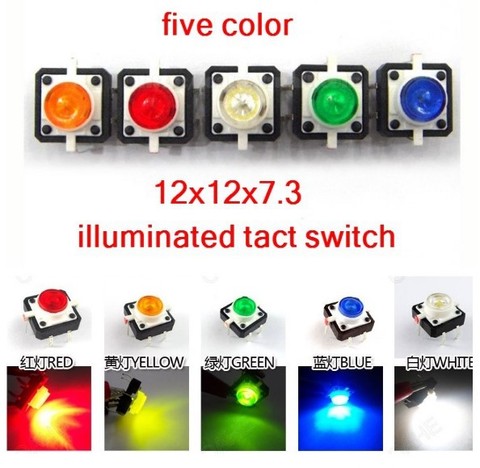 20pcs Illuminated Tact Switch 12x12x7.3 mm Green Red Yellow Blue White LED Reset button Switch Momentary LED 5 color 12*12*7.3mm ► Photo 1/4