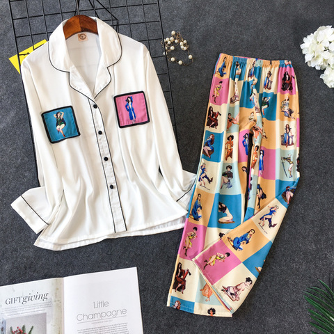 2022 New Printing Pajama Set  Woman Korean Sweet Lovely Rayon Long Sleeve Trousers Twinset Pijama ► Photo 1/3