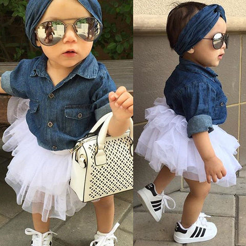 Kids Baby Girls Summer Denim Long Sleeve Tops Shirt+Tutu Dress+Headband 3pcs Outfits Set ► Photo 1/6