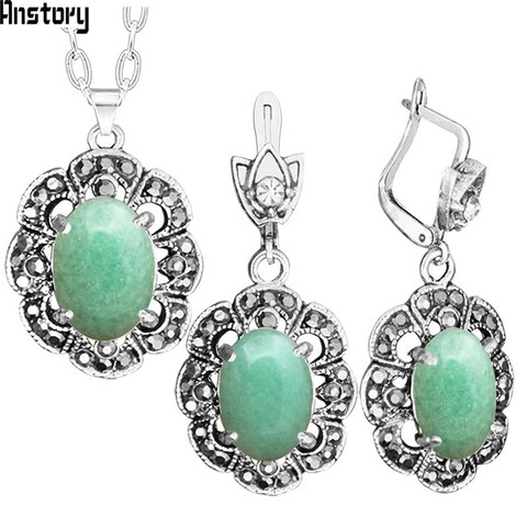 Natural Jades Necklace Earrings Jewelry Set Rhinestone Vintage Look Fashion Jewelry For Women TS404 ► Photo 1/6