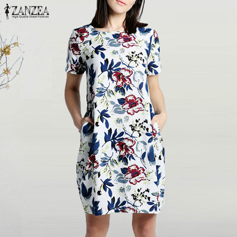 2022 ZANZEA Summer Floral Printed Party Dress Women Casual Short Sleeve Pockets Loose Sundress Vintage Cotton Linen Vestido Robe ► Photo 1/6