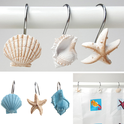 12pcs Resin Decorative Seashell Starfish Shower Curtain Hooks Hanger Rails Home Hotel Bathroom Beach Shell Decor Hook Organizer ► Photo 1/6