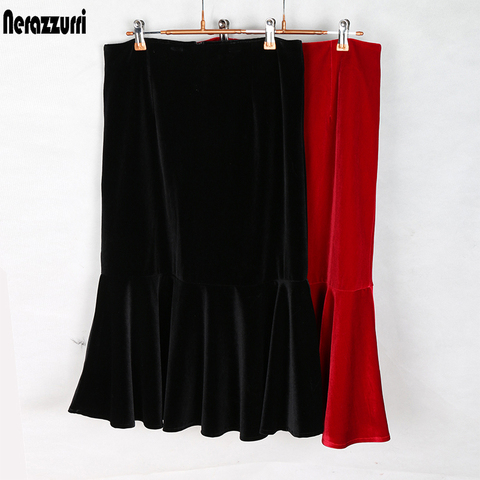 Nerazzurri high waist velvet skirt women 2022 black red midi skirt plus size 4xl 5xl 6xl elegant tight long warm mermaid skirt ► Photo 1/5