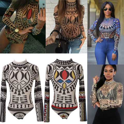 2022 New Sexy Women Tattoo Tribal Print Stretchy Bodysuit See-Through Mesh  Sheer Long Sleeve Top Lady Clubwear O Neck Bodycon - Price history & Review
