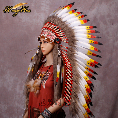 long Indian Feather headdress handmade red and black feather costumes handmade indian feather headdress war bonnet hat costumes ► Photo 1/6