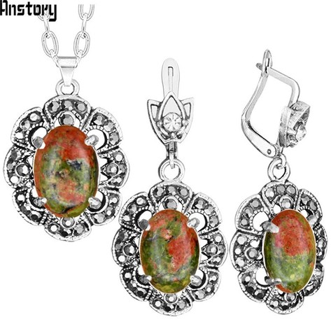 Natural Green Unakite Jewelry Set Rhinestone Vintage Look Necklace Earrings Fashion Jewelry For Women TS426 ► Photo 1/6