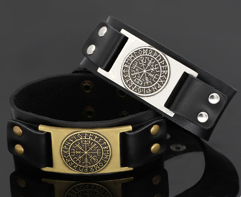 Men viking Vegvisir compass rune leather amulet bracelet jewlery  -fit 20CM- 25CM ► Photo 1/6