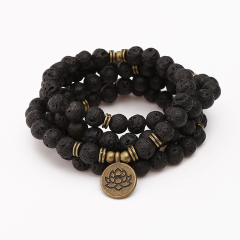 108 Beads Buddha Lotus Mala Bracelet for Women Men 8 mm Lava Rock Stone Strand Charm Bracelet or Necklace Fashion Jewelry ► Photo 1/5