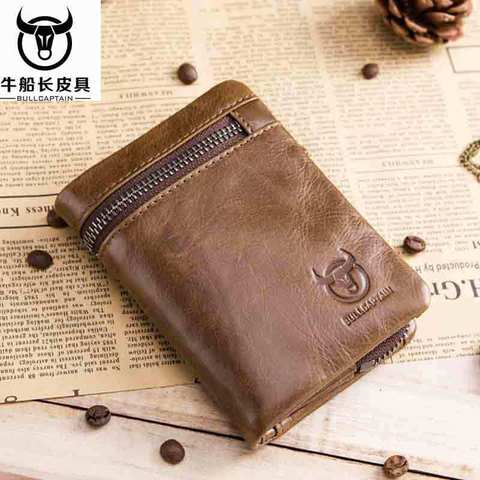 BULLCAPTAIN 2022 MEN Coffee Cow Leather Wallet Coin Pocket Money Purse Bag Card Holder Short Trifold Hasp Zipper Wallet ► Photo 1/6