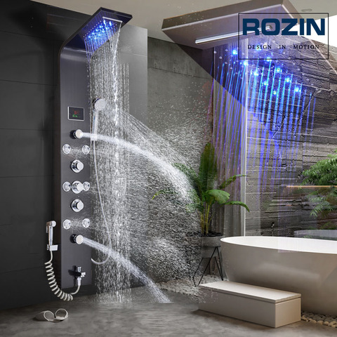 LED Light Shower Faucet Bathroom Waterfall Rain Black Shower Panel In Wall Shower System with Spa Massage Sprayer and Bidet Tap ► Photo 1/6