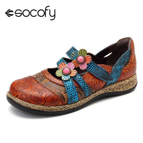 SOCOFY Vintage Floral Genuine Leather Splicing Colored Stitching Hook Loop Flat Shoes Spring Summer Casual Women Flat Shoes New ► Photo 1/6