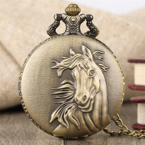 Vintage Bronze Pocket Watch Quartz Retro Horse Full Hunter Pendant Watch with Fob Necklace Chain Best Gift for Men Women reloj ► Photo 1/5