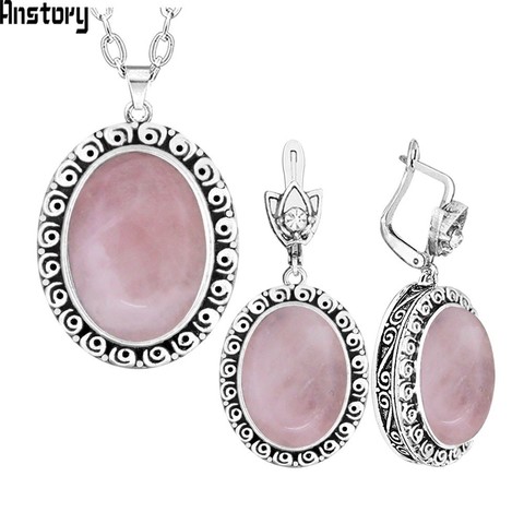 Oval Pink Quartz Amethysts Natural Stone Jewelry Set Snail Flower Antique Silver Plated Necklace Earrings Vintage Jewelry TS480 ► Photo 1/6