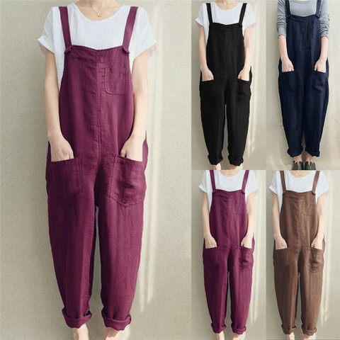 4XL Womens Sleeveless Dungarees Rompers Cotton Linen Jumpsuit Loose Preppy Style Pants Casual Pocket Overalls Playsuits ► Photo 1/5