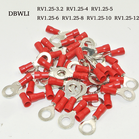 50PCS 22-16AWG #4 #6 #8 #10 1/4 5/16 3/8 1/2 RV1.25-4 Wire Ring Terminals Red Connectors Cable Wire Connector  Crimp Terminal ► Photo 1/1