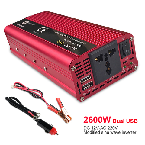 Dual USB 2600W 2600 Watt Portable Car Power Inverter Charger Converter Adapter DC 12V/24V to AC 110V/220V Modified Sine Wave ► Photo 1/4
