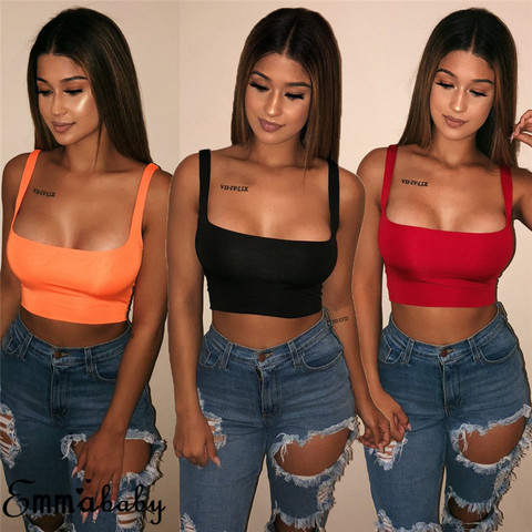 Women Solid Strappy Tank Vest Crop Top Summer Beach Party