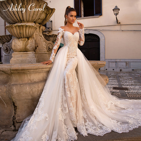 Ashley Carol Sexy Sweetheart Long Sleeve Mermaid Wedding Dress 2022 Detachable Train 2 In 1 Wedding Gowns Vestido De Noiva ► Photo 1/6