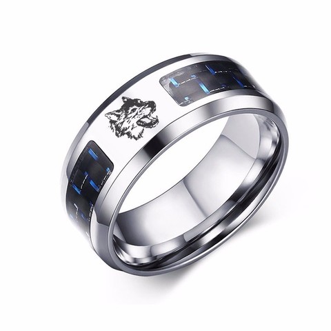 Laser Engraved Wolf Men Ring for Men Stainless Steel Blue Carbon Fibre 8mm Wedding Band ► Photo 1/6