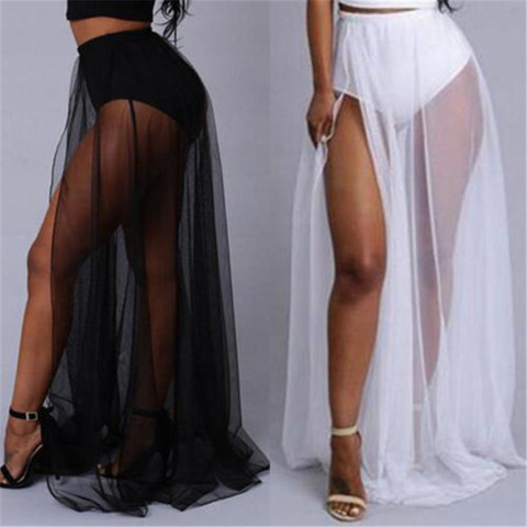 Women High Waist Mesh Skirts Empire See Through Sheer Side Split Skirt Solid Transparent Chiffon Maxi Long Skirt Summer 2022 ► Photo 1/6