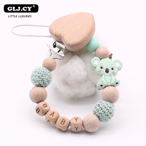 New DIY Cartoon Cute Koala Silicone Pattern Wooden Personalized Name Baby Pacifier Clips Chain BPA Free Child Holder Gift ► Photo 1/6