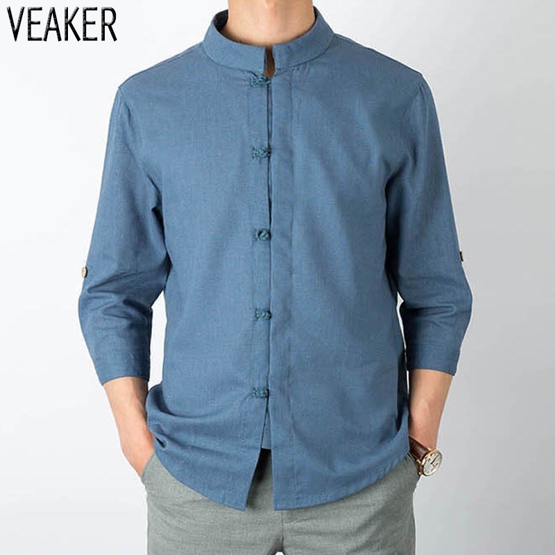 Cotton Linen Men Shirts Man Short Sleeve Solid Stand Collar Chinese Style Shirt 