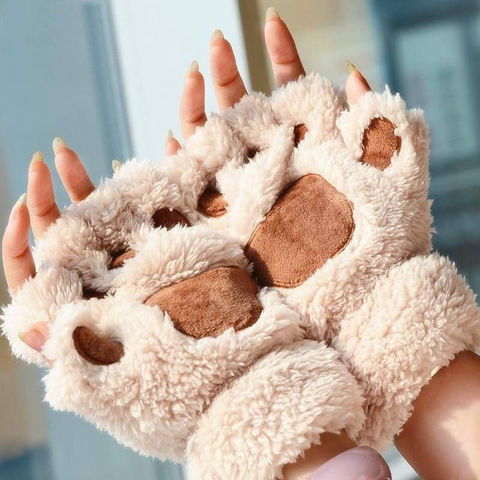 Winter Women Ladies Cute Cat Claw Paw Plush Mittens Short Fingerless Gloves Half Finger Black Gray Beige ► Photo 1/6