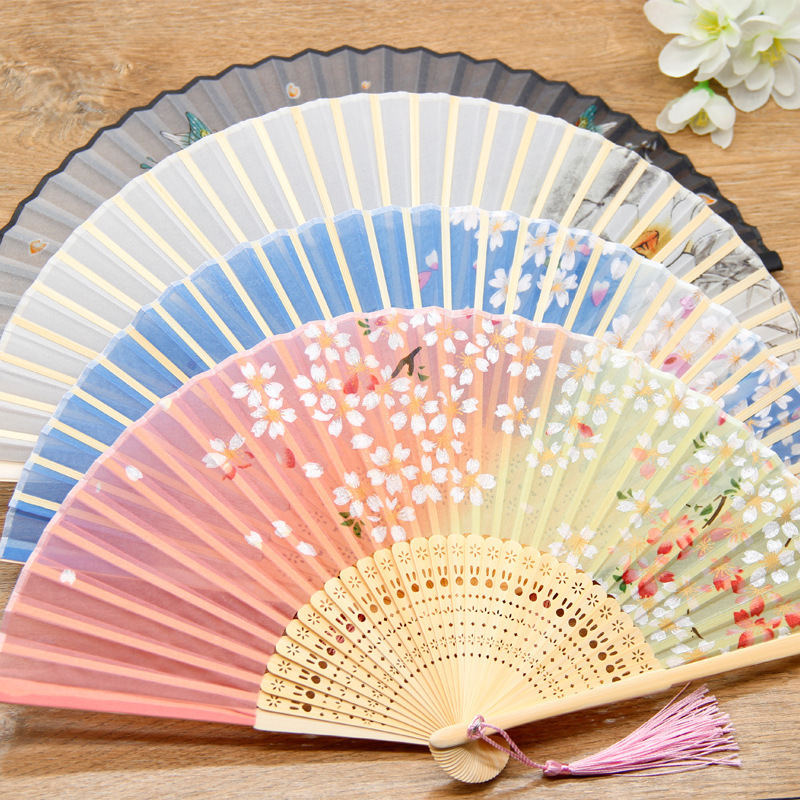 Vintage Chinese Folding Hand Held Fan Japanese Rose Flower Silk Bamboo Fans 