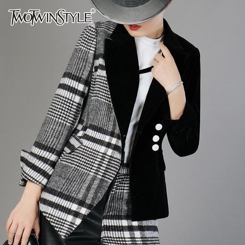 TWOTWINSTYLE Velour Patchwork Wool Plaid Blazer Coat Female Long Sleeve Asymmetrical Women's Suits 2022 Spring Fashion Clothes ► Photo 1/6