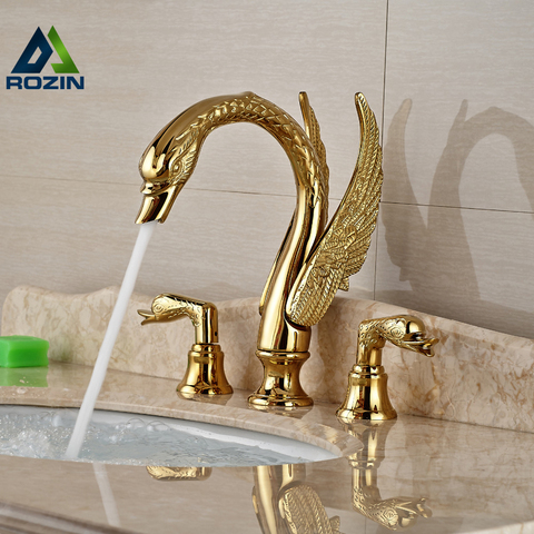 Soild Copper Gold Finish Bathroom Faucet Luxury Golden Swan Shape Basin Tap Dual Handle Deck Mount ► Photo 1/6