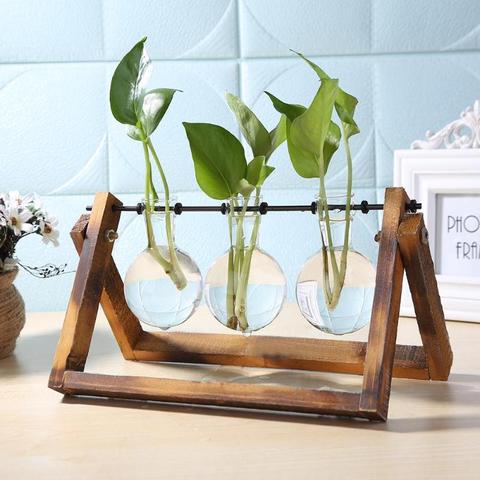 Glass Wood Vase Planter Terrarium Table Desktop Hydroponics Plant Bonsai Flower Pot Hanging Pots with Wooden Tray Home Decor ► Photo 1/6