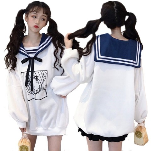 Kawaii Sweet Girls Winter Hoodies Comic Printed Sailor Collar Oversized Sweatshirt Soft Bestie Sisters Cute Maxi Long Loose Tops ► Photo 1/5