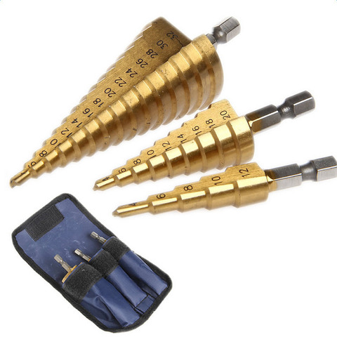 3pc Hss Step Cone Taper drill bit for metal Plastic Hole Cutter Metric 4-12/20/32mm 1/4
