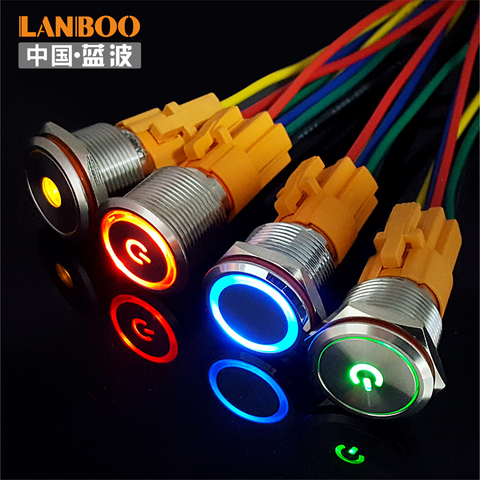 LANBOO 19mm flat symbol Led Lighted Momentary or Latching Metal push button switch with IP65 ► Photo 1/6