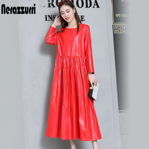 nerazzurrri pu leather dress women red gray black plus size dress 5xl 6xl 7xl long sleeve elegant pleated maxi dress fall 2022 ► Photo 1/6
