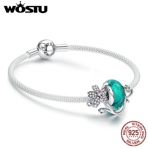 WOSTU 925 Sterling Silver Green Murano Beads Pink Flower Charm Bangles & Bracelet For Women Original Silver Jewelry Gift CQB822 ► Photo 1/6