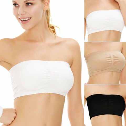3 Pcs Women's Padded Bandeau Bra, Strapless Removable Pads Tube